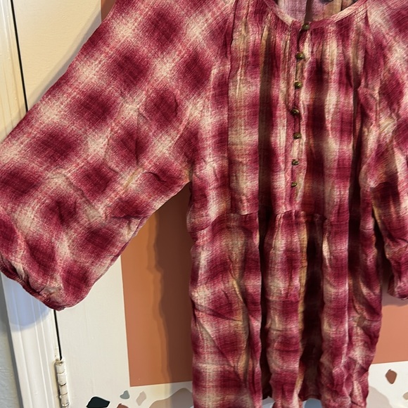 Anthro Maeve Calavon pink plaid checked button flowy top - Picture 7 of 9